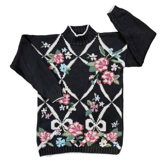 Vintage Sweaters - Vintage 80s Beldoch Popper Black Floral Mock Neck Knit Sweater